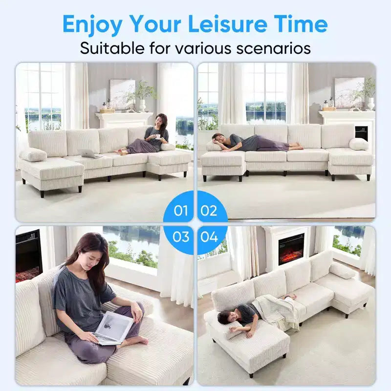 Divani sezionali a U Mjkone 110 con doppia chaise longue e braccioli utilizzabili come poggiatesta, divano a 4 posti rivestito in velluto a coste