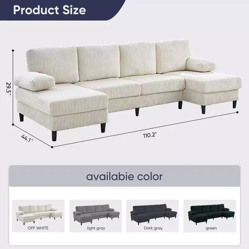 Divani sezionali a U Mjkone 110 con doppia chaise longue e braccioli utilizzabili come poggiatesta, divano a 4 posti rivestito in velluto a coste