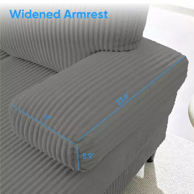 Divani sezionali a U Mjkone 110 con doppia chaise longue e braccioli utilizzabili come poggiatesta, divano a 4 posti rivestito in velluto a coste