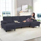 Divani sezionali a U Mjkone 110 con doppia chaise longue e braccioli utilizzabili come poggiatesta, divano a 4 posti rivestito in velluto a coste