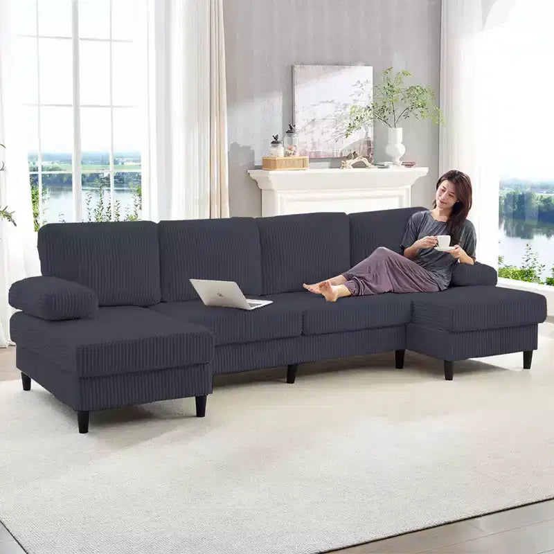 Divani sezionali a U Mjkone 110 con doppia chaise longue e braccioli utilizzabili come poggiatesta, divano a 4 posti rivestito in velluto a coste