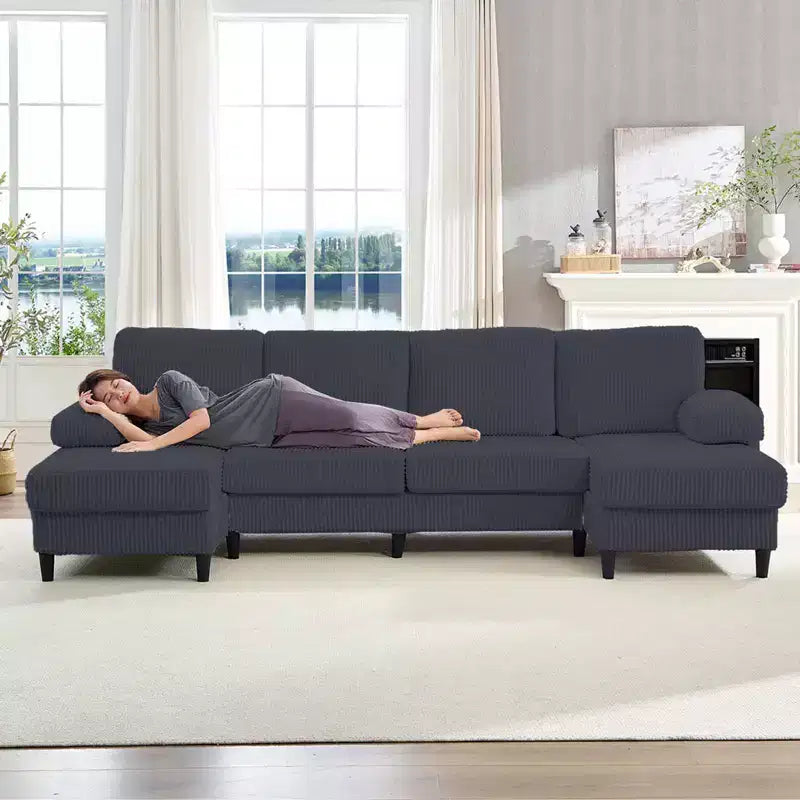 Divani sezionali a U Mjkone 110 con doppia chaise longue e braccioli utilizzabili come poggiatesta, divano a 4 posti rivestito in velluto a coste