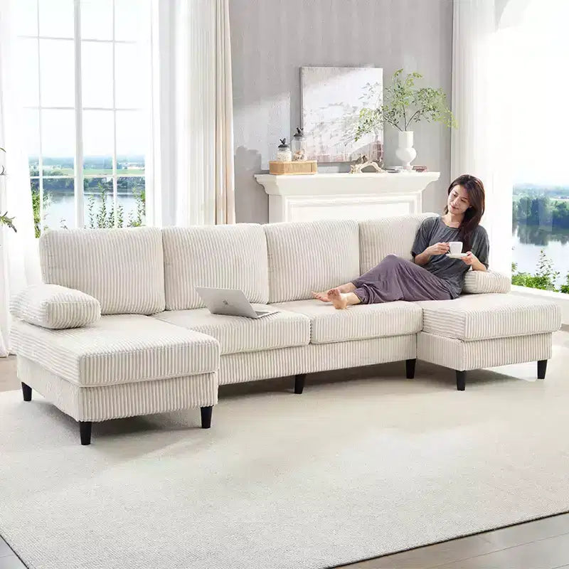 Divani sezionali a U Mjkone 110 con doppia chaise longue e braccioli utilizzabili come poggiatesta, divano a 4 posti rivestito in velluto a coste