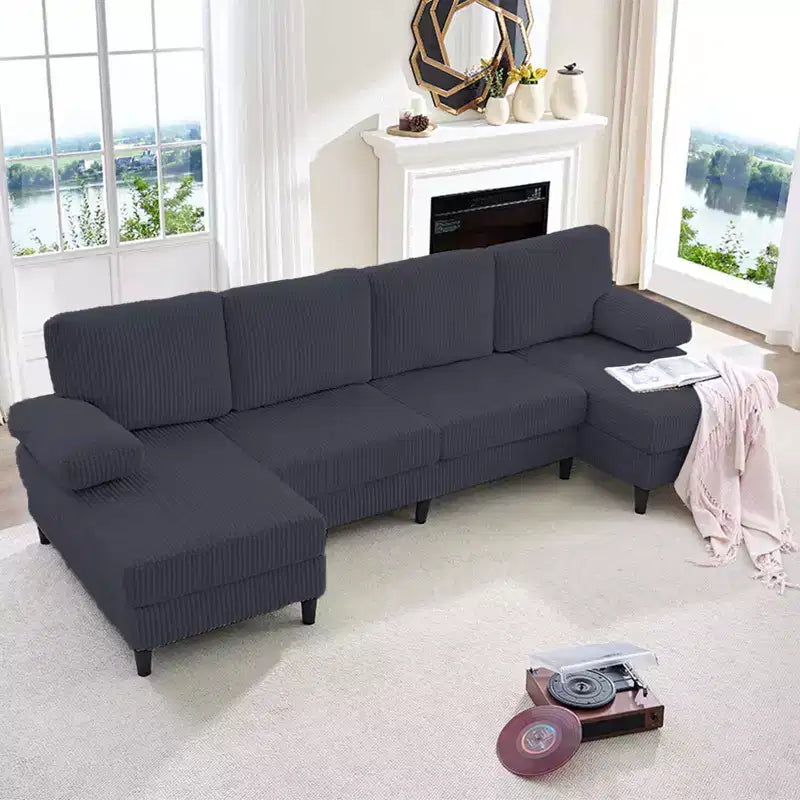 Divani sezionali a U Mjkone 110 con doppia chaise longue e braccioli utilizzabili come poggiatesta, divano a 4 posti rivestito in velluto a coste