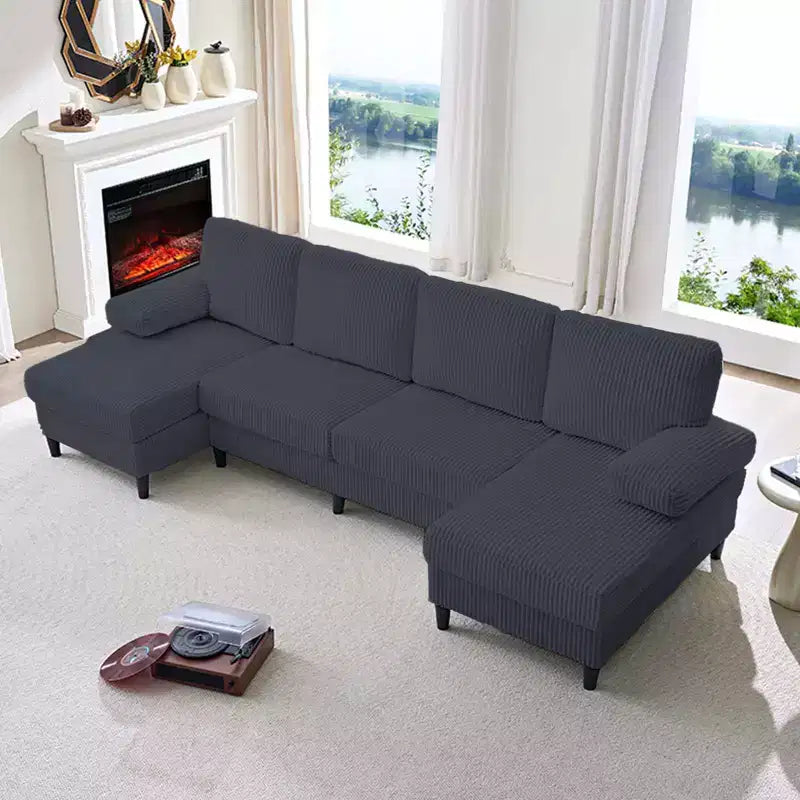 Divani sezionali a U Mjkone 110 con doppia chaise longue e braccioli utilizzabili come poggiatesta, divano a 4 posti rivestito in velluto a coste