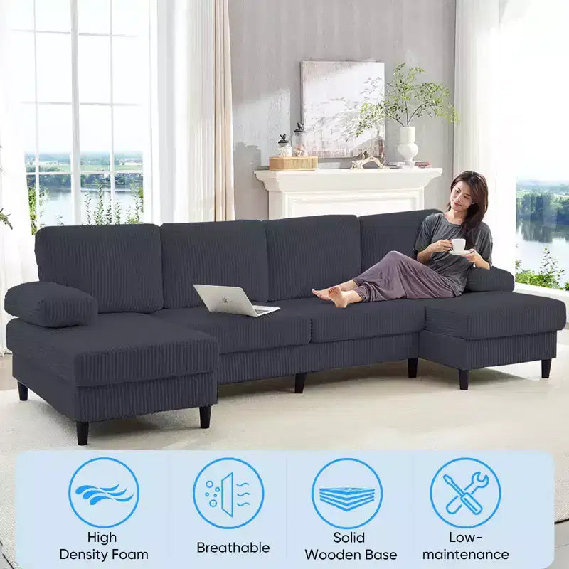 Divani sezionali a U Mjkone 110 con doppia chaise longue e braccioli utilizzabili come poggiatesta, divano a 4 posti rivestito in velluto a coste