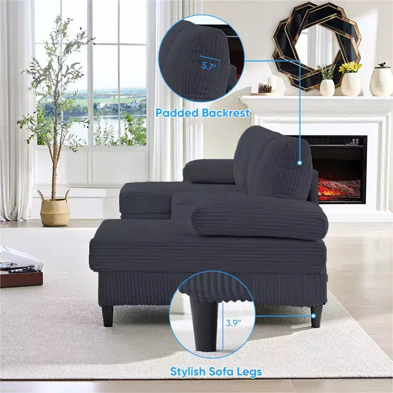 Divani sezionali a U Mjkone 110 con doppia chaise longue e braccioli utilizzabili come poggiatesta, divano a 4 posti rivestito in velluto a coste