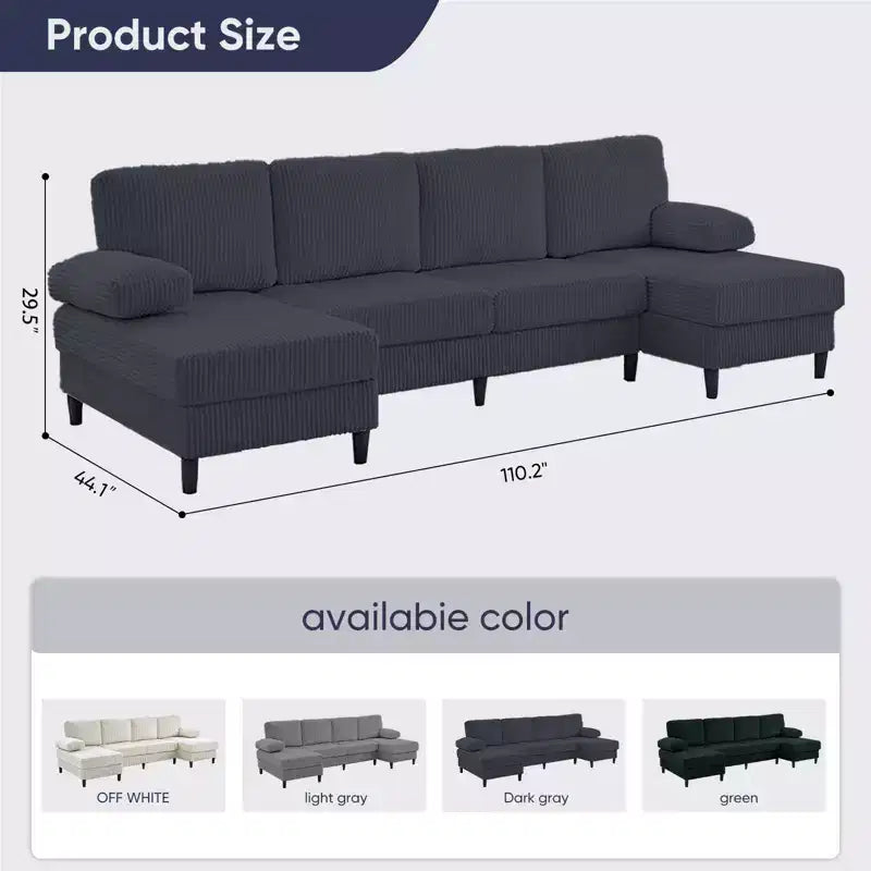Divani sezionali a U Mjkone 110 con doppia chaise longue e braccioli utilizzabili come poggiatesta, divano a 4 posti rivestito in velluto a coste