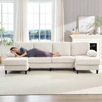 Divani sezionali a U Mjkone 110 con doppia chaise longue e braccioli utilizzabili come poggiatesta, divano a 4 posti rivestito in velluto a coste