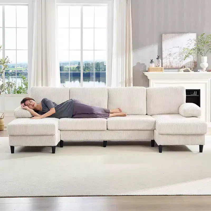 Divani sezionali a U Mjkone 110 con doppia chaise longue e braccioli utilizzabili come poggiatesta, divano a 4 posti rivestito in velluto a coste