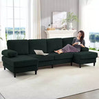 Divani sezionali a U Mjkone 110 con doppia chaise longue e braccioli utilizzabili come poggiatesta, divano a 4 posti rivestito in velluto a coste