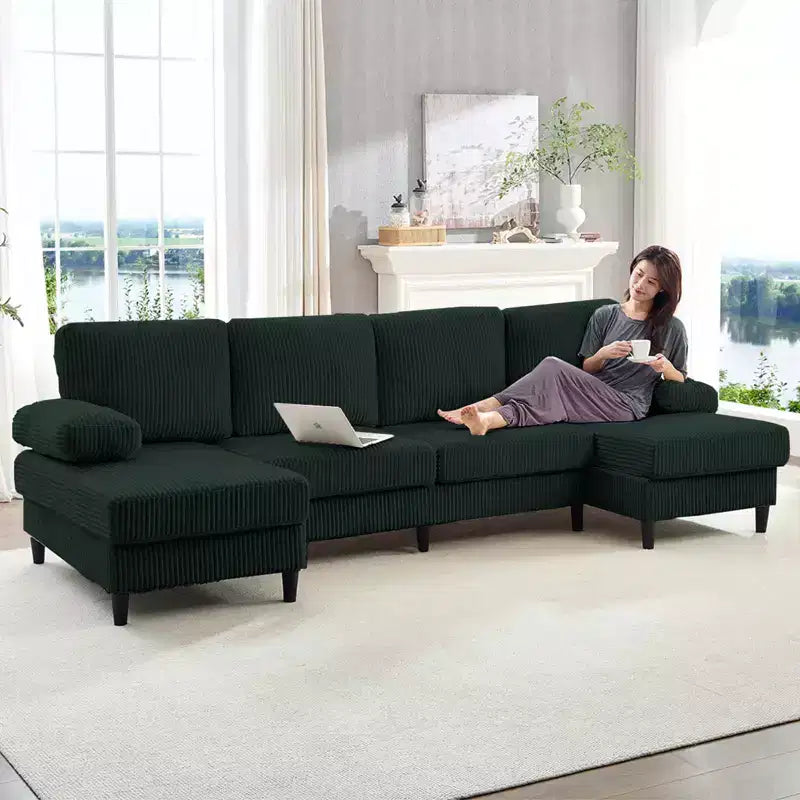 Divani sezionali a U Mjkone 110 con doppia chaise longue e braccioli utilizzabili come poggiatesta, divano a 4 posti rivestito in velluto a coste