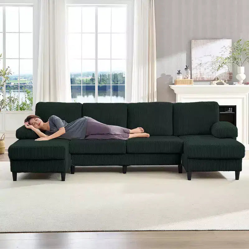 Divani sezionali a U Mjkone 110 con doppia chaise longue e braccioli utilizzabili come poggiatesta, divano a 4 posti rivestito in velluto a coste