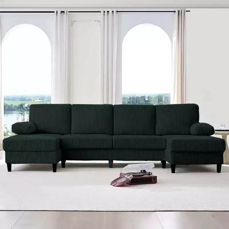 Divani sezionali a U Mjkone 110 con doppia chaise longue e braccioli utilizzabili come poggiatesta, divano a 4 posti rivestito in velluto a coste