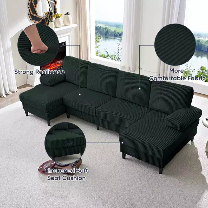 Divani sezionali a U Mjkone 110 con doppia chaise longue e braccioli utilizzabili come poggiatesta, divano a 4 posti rivestito in velluto a coste