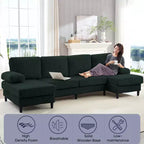 Divani sezionali a U Mjkone 110 con doppia chaise longue e braccioli utilizzabili come poggiatesta, divano a 4 posti rivestito in velluto a coste