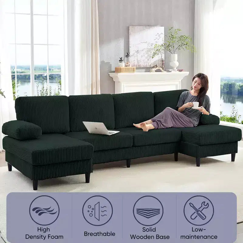 Divani sezionali a U Mjkone 110 con doppia chaise longue e braccioli utilizzabili come poggiatesta, divano a 4 posti rivestito in velluto a coste