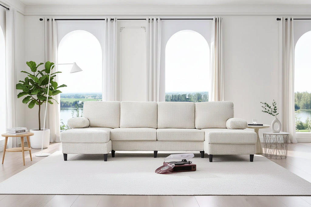 Divani sezionali a U Mjkone 110 con doppia chaise longue e braccioli utilizzabili come poggiatesta, divano a 4 posti rivestito in velluto a coste