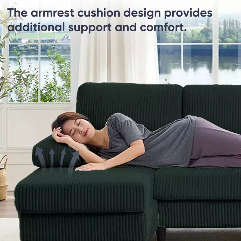 Divani sezionali a U Mjkone 110 con doppia chaise longue e braccioli utilizzabili come poggiatesta, divano a 4 posti rivestito in velluto a coste