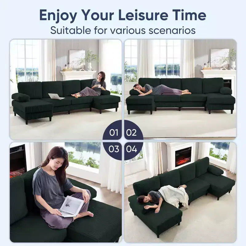 Divani sezionali a U Mjkone 110 con doppia chaise longue e braccioli utilizzabili come poggiatesta, divano a 4 posti rivestito in velluto a coste