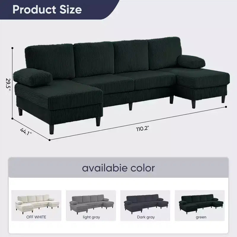 Divani sezionali a U Mjkone 110 con doppia chaise longue e braccioli utilizzabili come poggiatesta, divano a 4 posti rivestito in velluto a coste