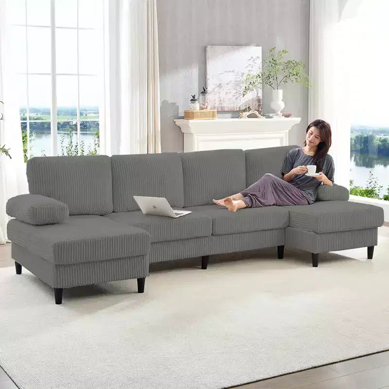 Divani sezionali a U Mjkone 110 con doppia chaise longue e braccioli utilizzabili come poggiatesta, divano a 4 posti rivestito in velluto a coste