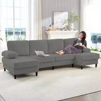 Divani sezionali a U Mjkone 110 con doppia chaise longue e braccioli utilizzabili come poggiatesta, divano a 4 posti rivestito in velluto a coste