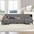 Divani sezionali a U Mjkone 110 con doppia chaise longue e braccioli utilizzabili come poggiatesta, divano a 4 posti rivestito in velluto a coste