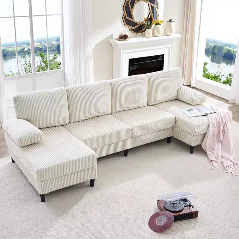 Divani sezionali a U Mjkone 110 con doppia chaise longue e braccioli utilizzabili come poggiatesta, divano a 4 posti rivestito in velluto a coste