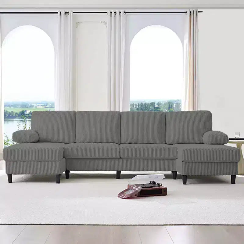 Divani sezionali a U Mjkone 110 con doppia chaise longue e braccioli utilizzabili come poggiatesta, divano a 4 posti rivestito in velluto a coste