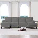 Divani sezionali a U Mjkone 110 con doppia chaise longue e braccioli utilizzabili come poggiatesta, divano a 4 posti rivestito in velluto a coste