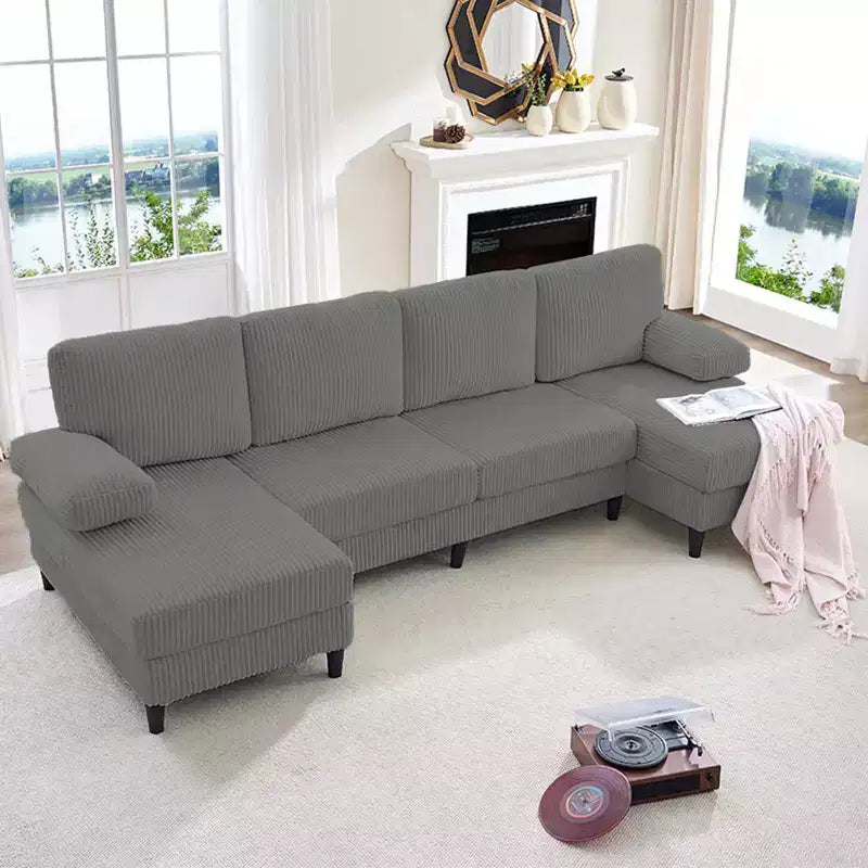 Divani sezionali a U Mjkone 110 con doppia chaise longue e braccioli utilizzabili come poggiatesta, divano a 4 posti rivestito in velluto a coste