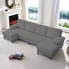 Divani sezionali a U Mjkone 110 con doppia chaise longue e braccioli utilizzabili come poggiatesta, divano a 4 posti rivestito in velluto a coste