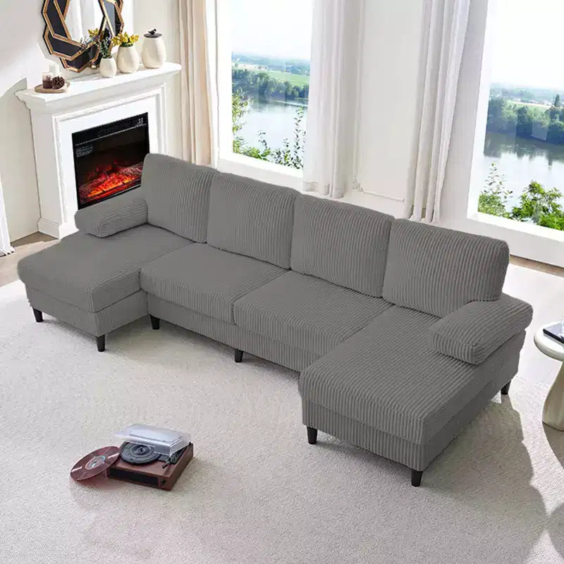 Divani sezionali a U Mjkone 110 con doppia chaise longue e braccioli utilizzabili come poggiatesta, divano a 4 posti rivestito in velluto a coste