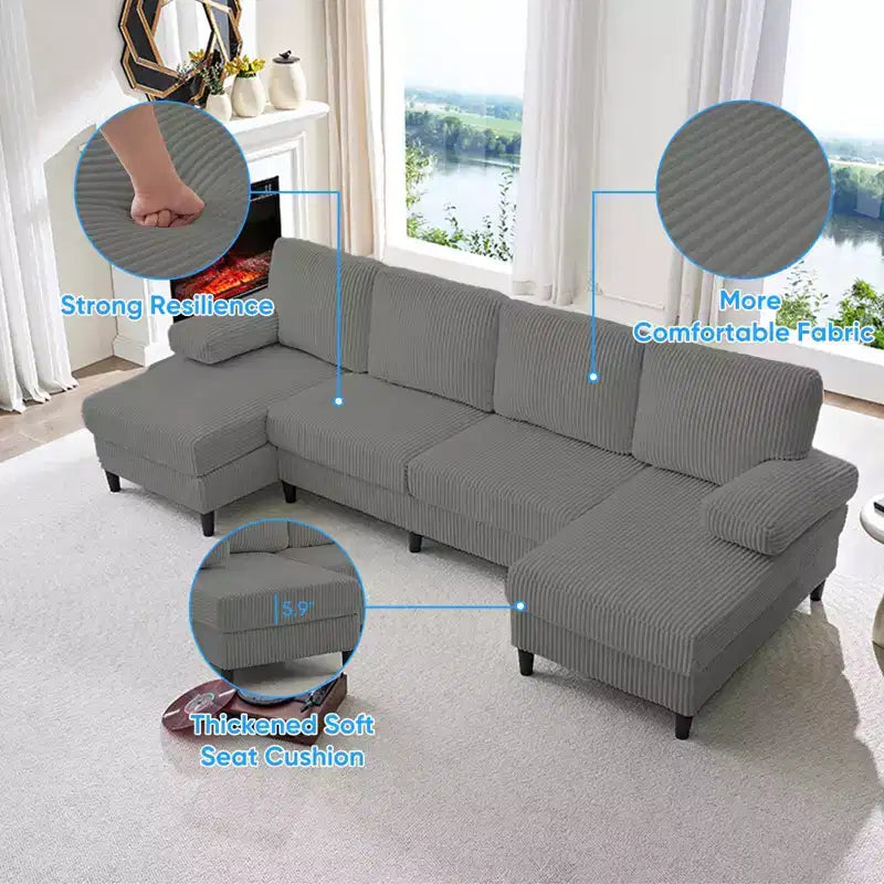 Divani sezionali a U Mjkone 110 con doppia chaise longue e braccioli utilizzabili come poggiatesta, divano a 4 posti rivestito in velluto a coste