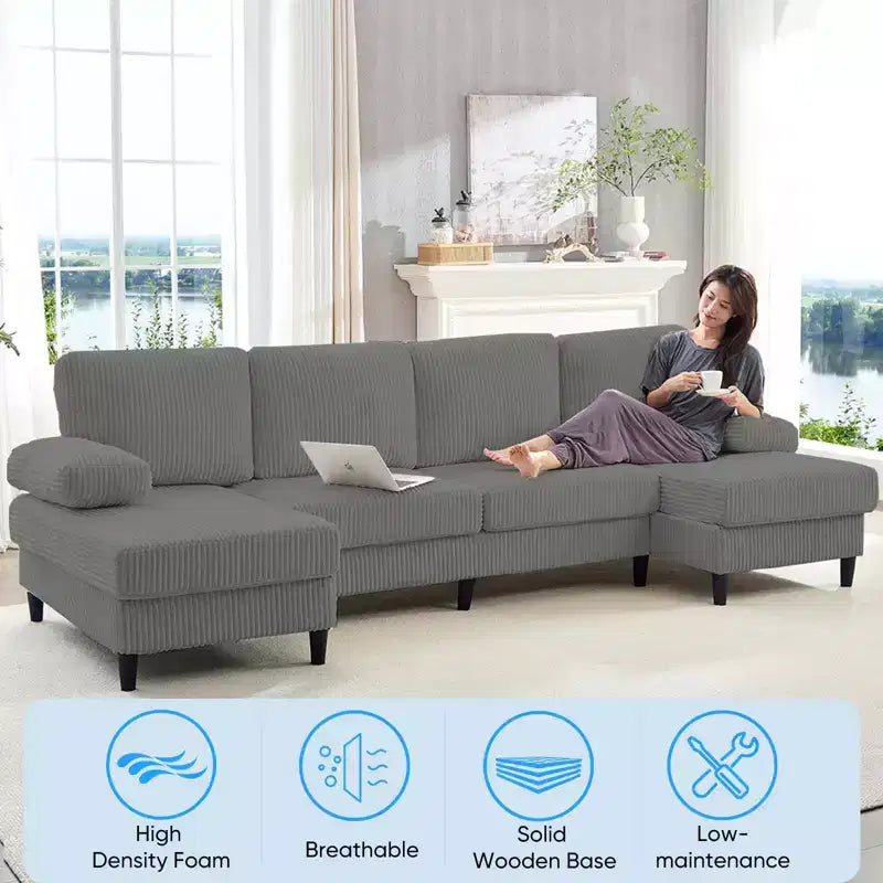 Divani sezionali a U Mjkone 110 con doppia chaise longue e braccioli utilizzabili come poggiatesta, divano a 4 posti rivestito in velluto a coste