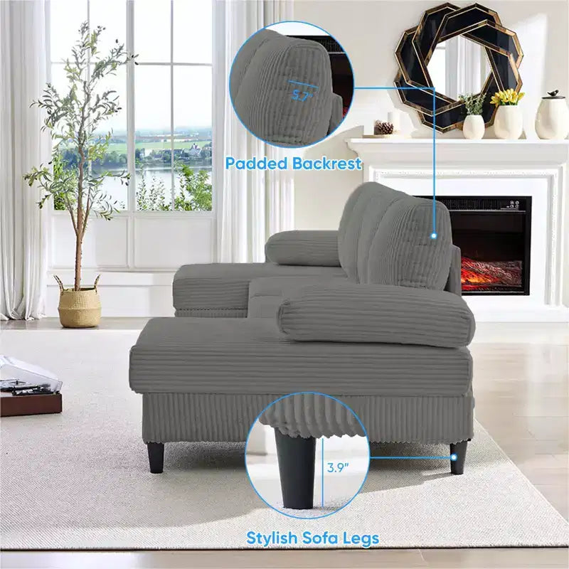 Divani sezionali a U Mjkone 110 con doppia chaise longue e braccioli utilizzabili come poggiatesta, divano a 4 posti rivestito in velluto a coste