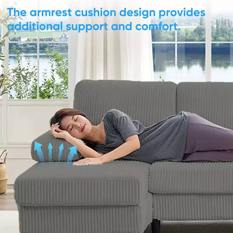 Divani sezionali a U Mjkone 110 con doppia chaise longue e braccioli utilizzabili come poggiatesta, divano a 4 posti rivestito in velluto a coste