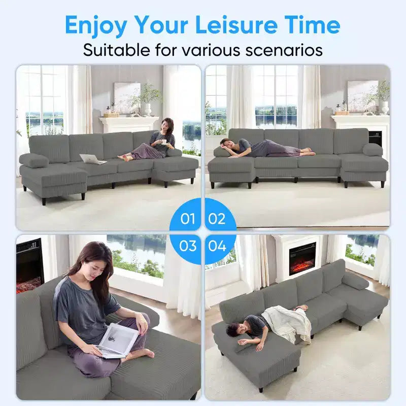 Divani sezionali a U Mjkone 110 con doppia chaise longue e braccioli utilizzabili come poggiatesta, divano a 4 posti rivestito in velluto a coste