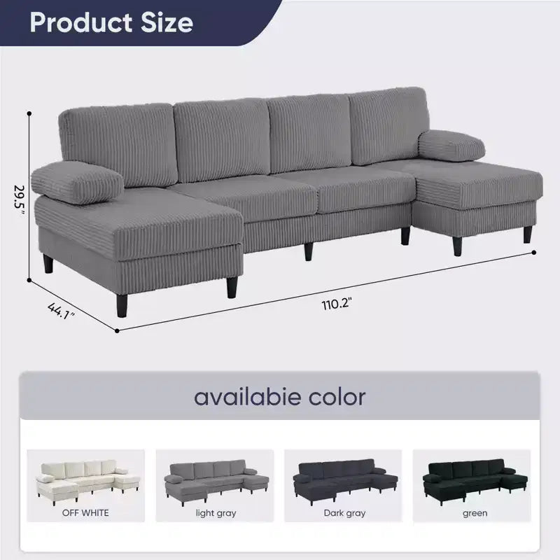 Divani sezionali a U Mjkone 110 con doppia chaise longue e braccioli utilizzabili come poggiatesta, divano a 4 posti rivestito in velluto a coste