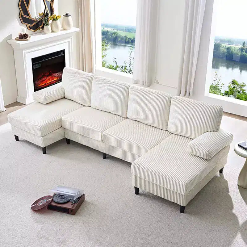 Divani sezionali a U Mjkone 110 con doppia chaise longue e braccioli utilizzabili come poggiatesta, divano a 4 posti rivestito in velluto a coste