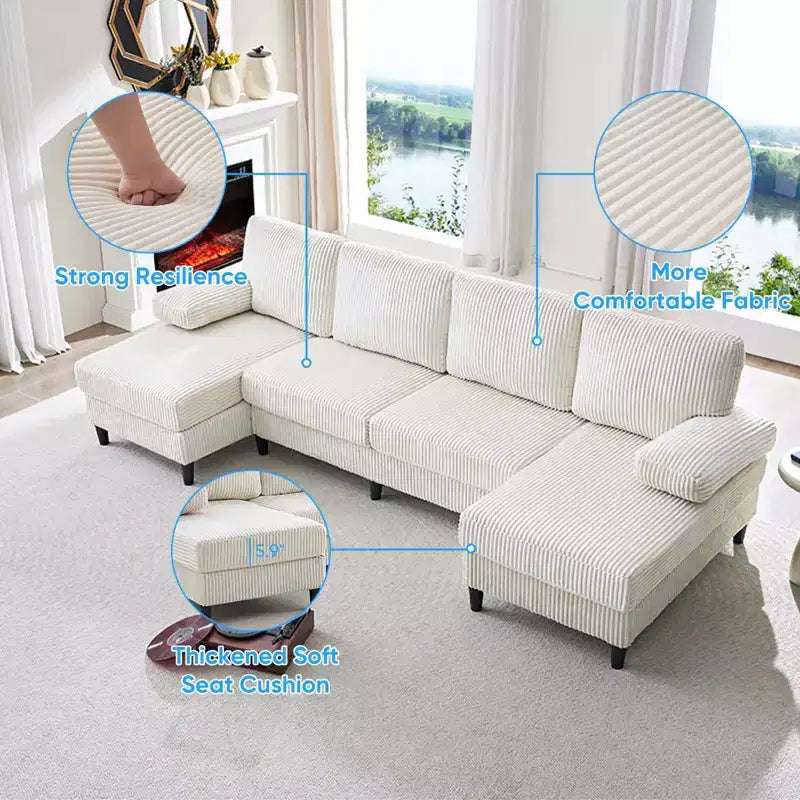 Divani sezionali a U Mjkone 110 con doppia chaise longue e braccioli utilizzabili come poggiatesta, divano a 4 posti rivestito in velluto a coste