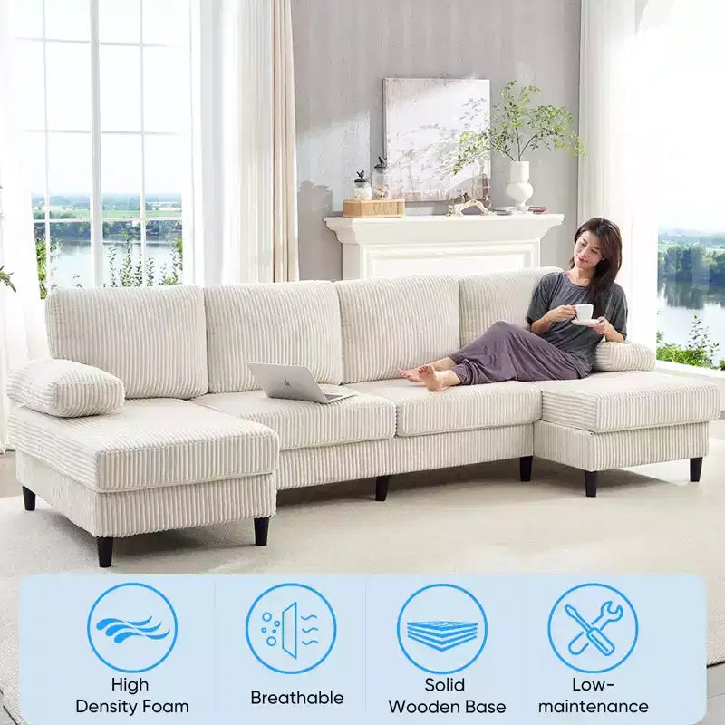 Divani sezionali a U Mjkone 110 con doppia chaise longue e braccioli utilizzabili come poggiatesta, divano a 4 posti rivestito in velluto a coste