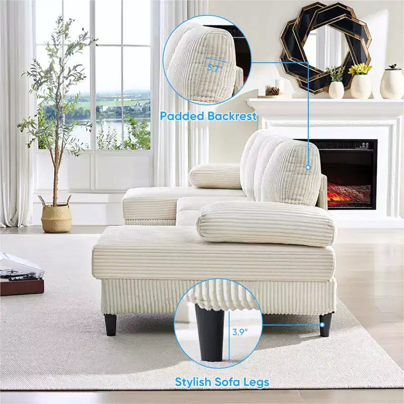 Divani sezionali a U Mjkone 110 con doppia chaise longue e braccioli utilizzabili come poggiatesta, divano a 4 posti rivestito in velluto a coste