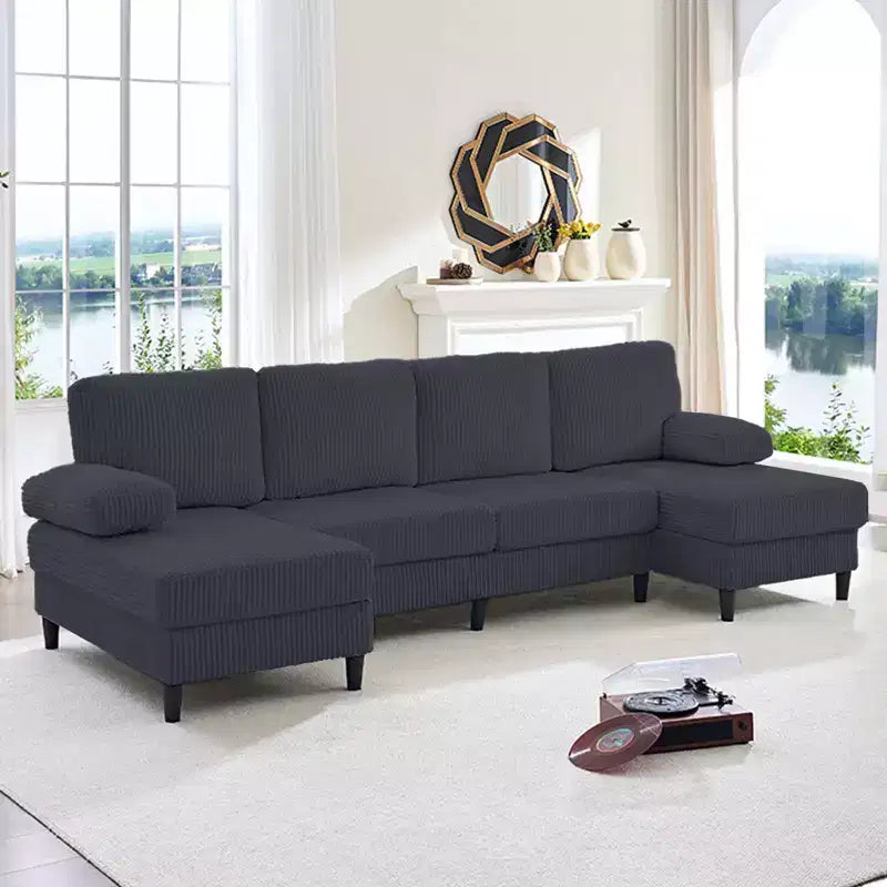 Divani sezionali a U Mjkone 110 con doppia chaise longue e braccioli utilizzabili come poggiatesta, divano a 4 posti rivestito in velluto a coste