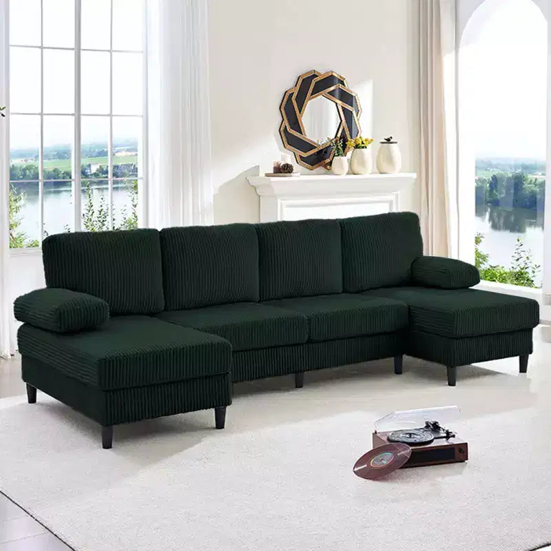Divani sezionali a U Mjkone 110 con doppia chaise longue e braccioli utilizzabili come poggiatesta, divano a 4 posti rivestito in velluto a coste
