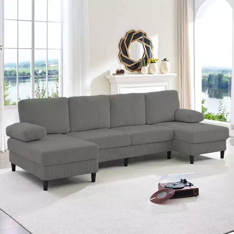 Divani sezionali a U Mjkone 110 con doppia chaise longue e braccioli utilizzabili come poggiatesta, divano a 4 posti rivestito in velluto a coste