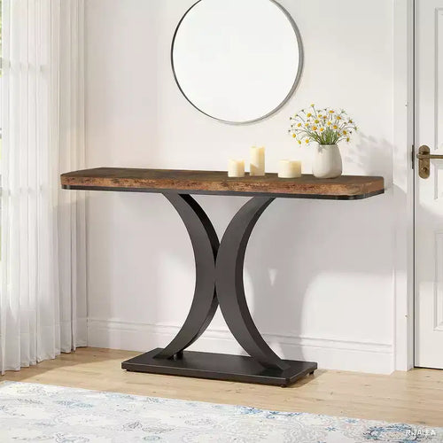 MAYEERTY 39.4L Industrial Narrow Console Table, Rustic Brown Wood Grain 40H Entryway Table
