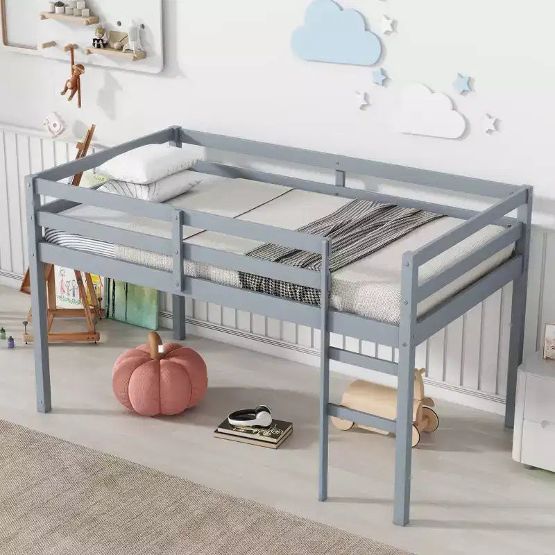 Letto a soppalco singolo in legno massello con scala, piattaforma del letto a doghe rinforzate grigio