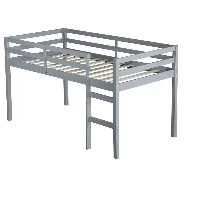 Letto a soppalco singolo in legno massello con scala, piattaforma del letto a doghe rinforzate grigio